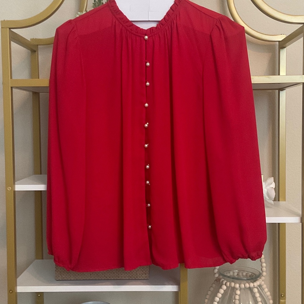 Ann Taylor Red Pearl-Button Long Sleeve Blouse